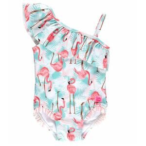 RuffleButts Vibrant Flamingo One Shoulder Swimsuit - Baby Girl 12-18M NWT